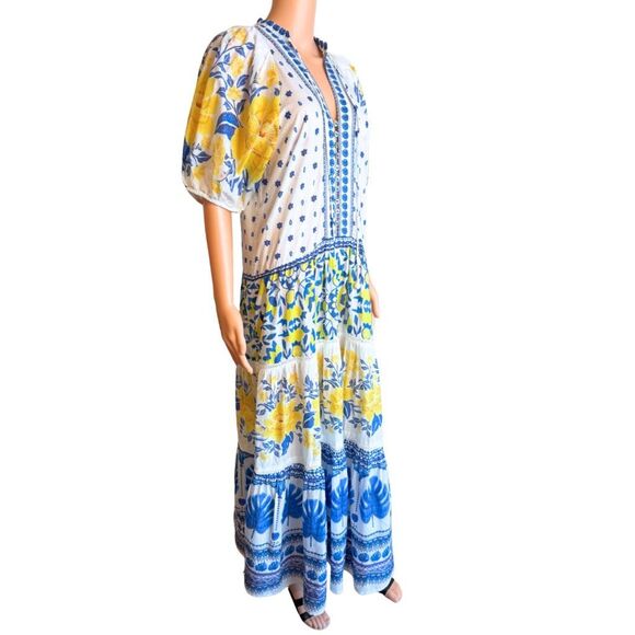 Farm Rio NWT Zuli Midi Dress Small Blue Yellow Floral Organic Cotton Puff Sleeve - Picture 5 of 8